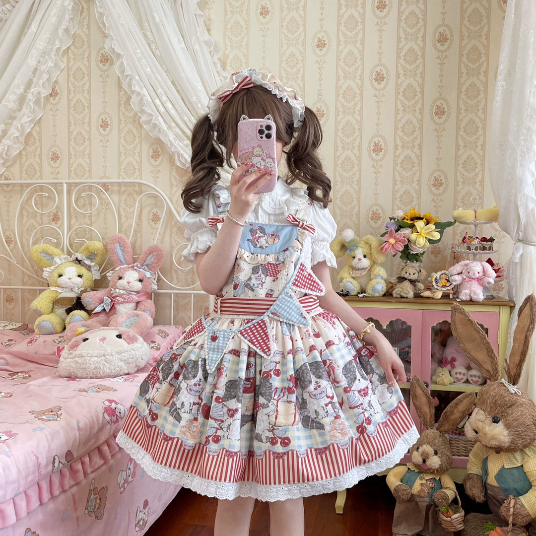 Akiyama Future Studio~Border Collie Cherry~Kawaii Lolita Salopette Cherry Print Dress