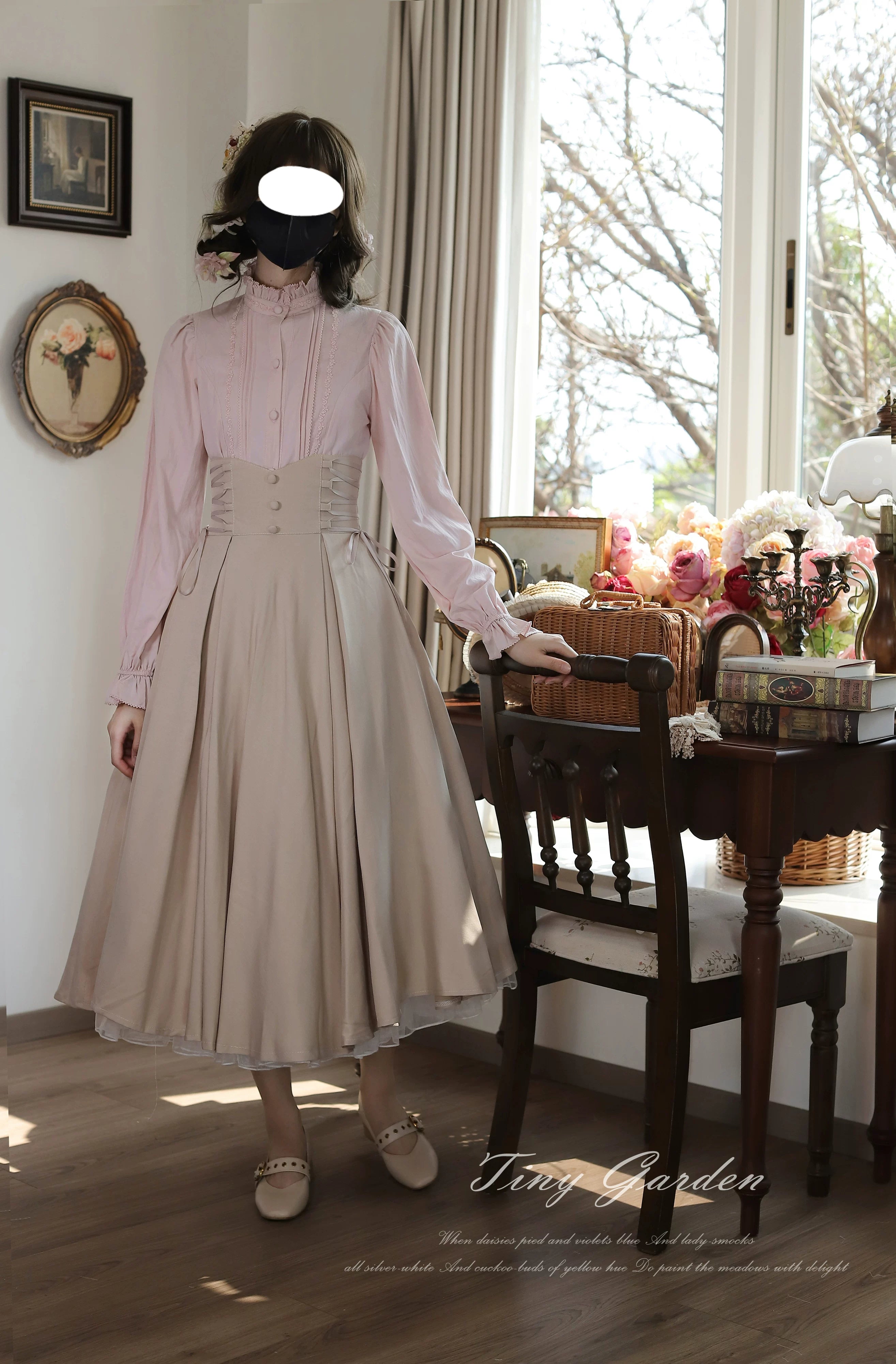 Moring Mist and Letter - Classic Lolita Long Sleeve Shirt, Stand Collar Light Pink Shirt Only S