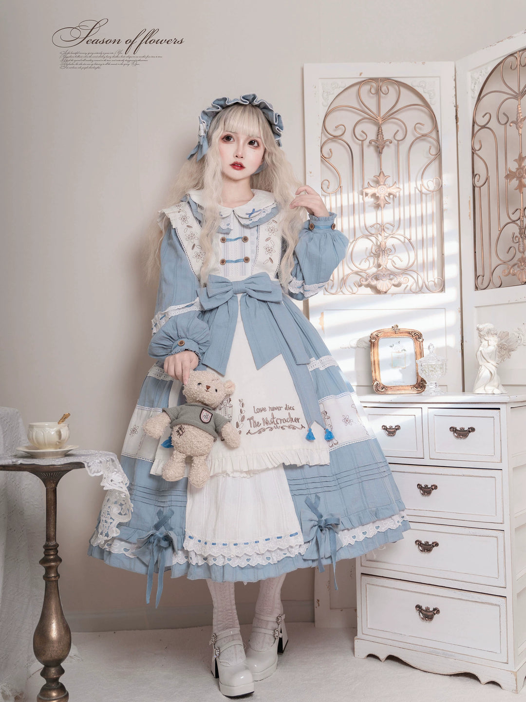 Sun Moon Star~Walnut~Sweet Lolita OP Dress Long Sleeve Dress BNT Apron Free size Haze Blue OP 
