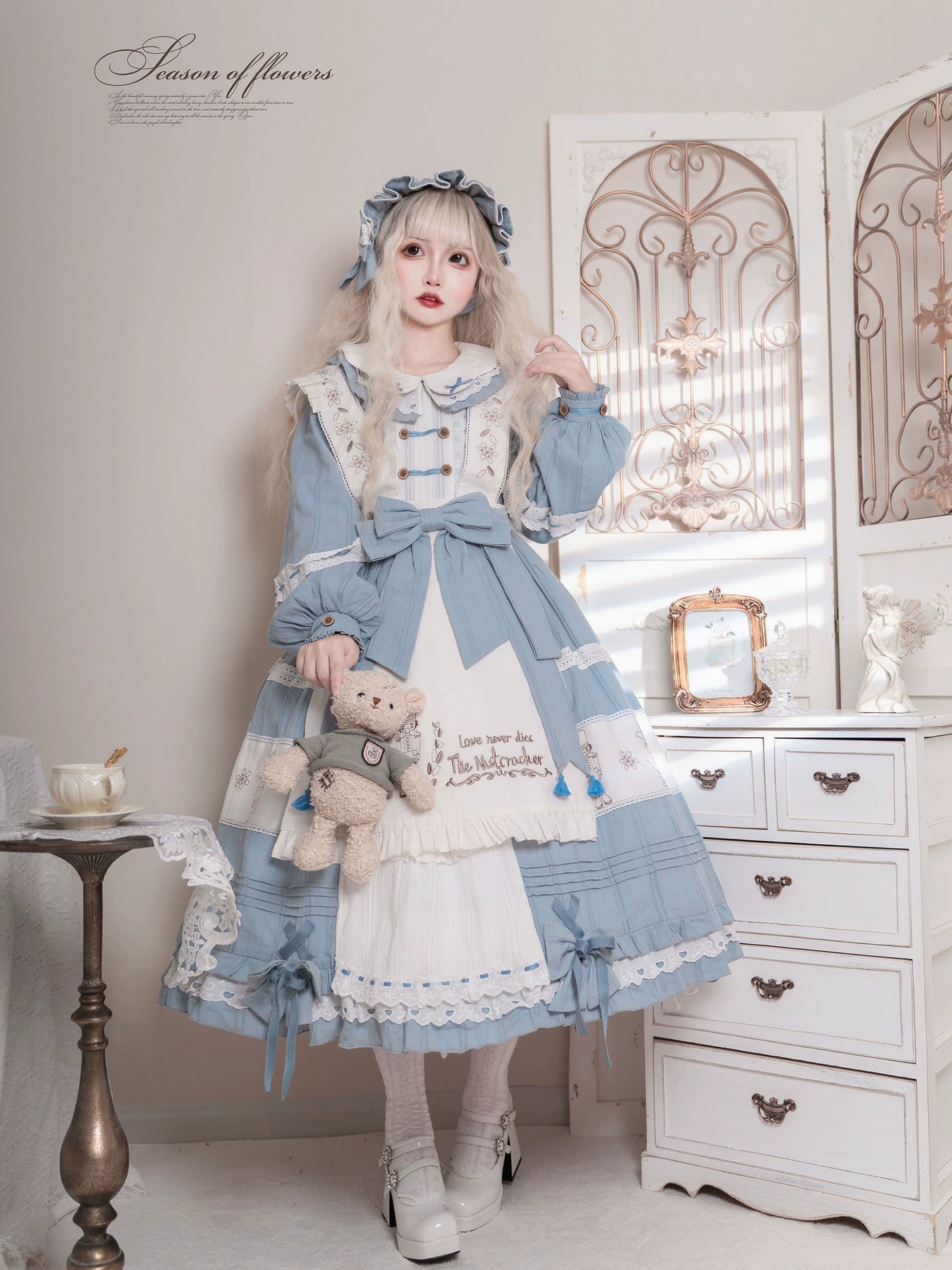 Sun Moon Star~Walnut~Sweet Lolita OP Dress Long Sleeve Dress BNT Apron Free size Haze Blue OP 
