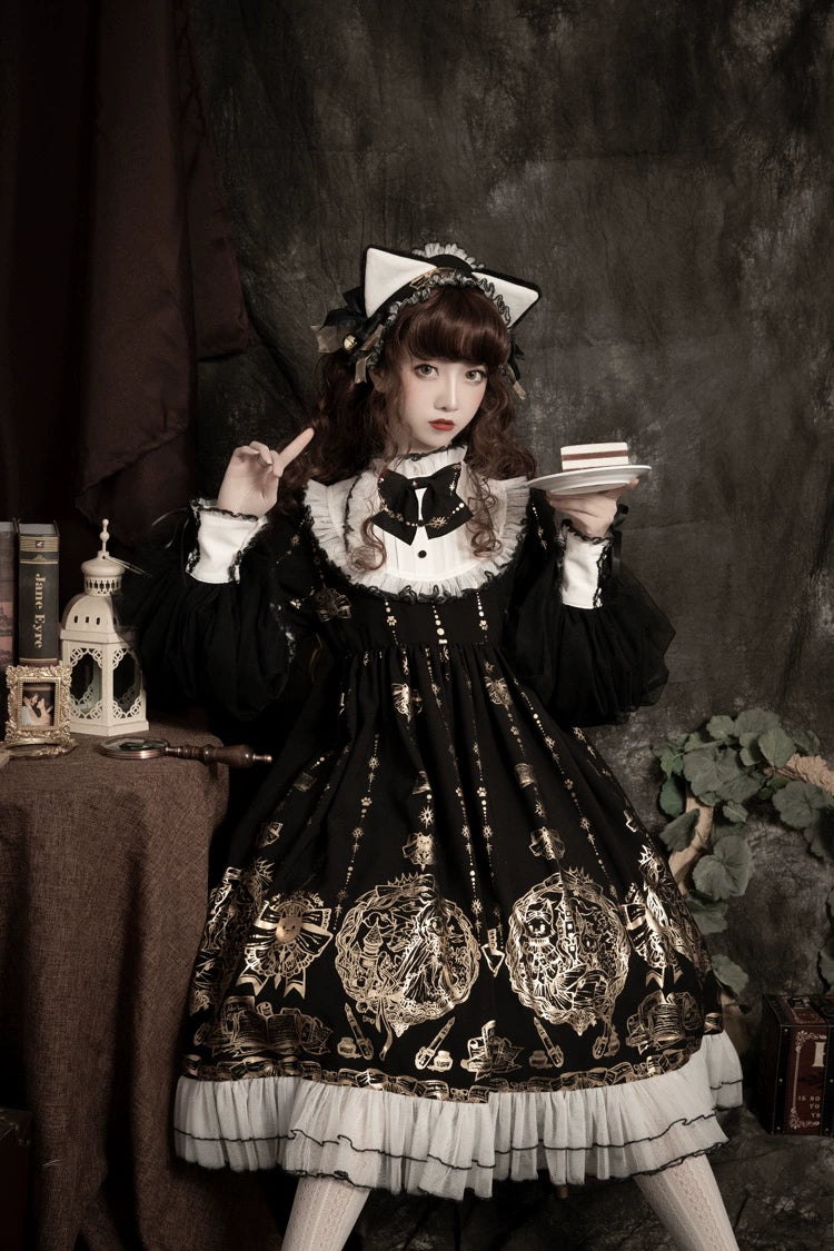 Ilovexiaolu - Foil-Stamped Fairytale Town - Animal Print Gothic Lolita Dress OP + Collar Bow Only S
