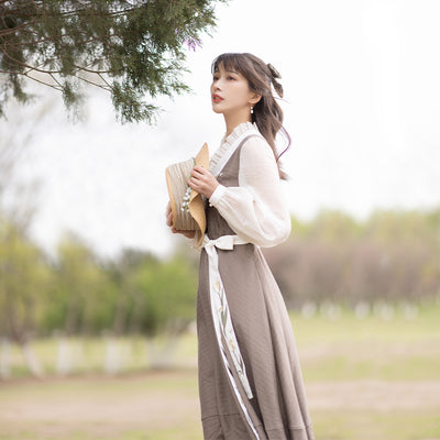Chixia~ Han Lolita White-brown V-neck Dress   