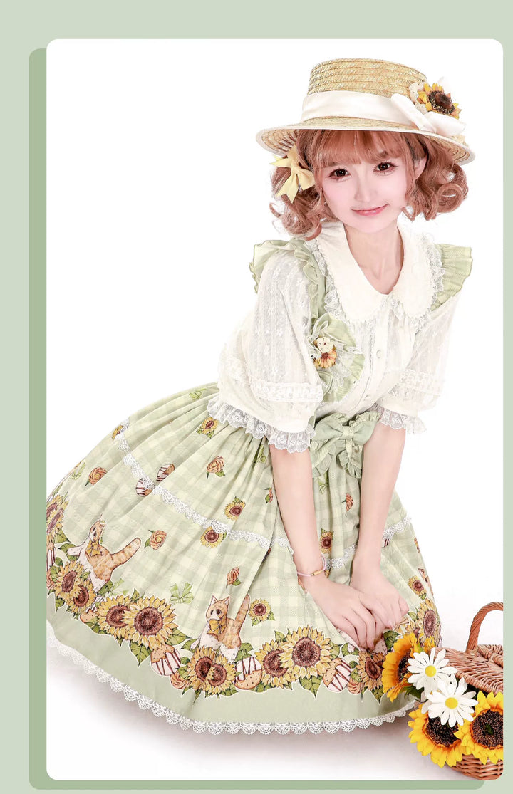 Chaton Jardin~Sunny Cat~Sweet Lolita Suspenders SK Sunflower Print Lolita Skirt   