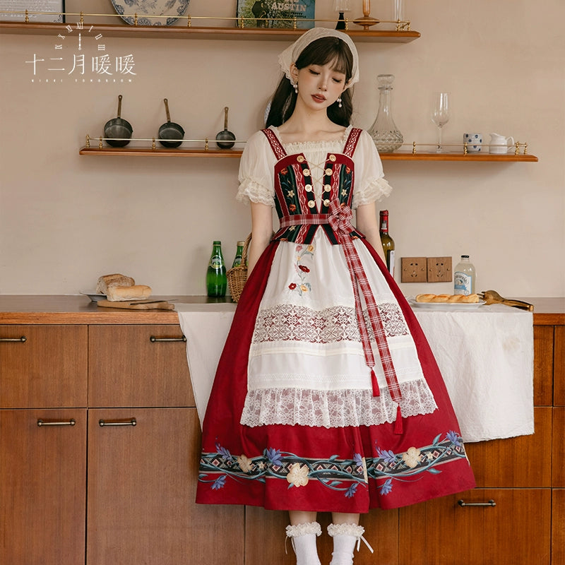 Nikki Tomorrow - Goose Pleasure - Country Lolita Red JSK Dress Apricot Shirt 38306:582494