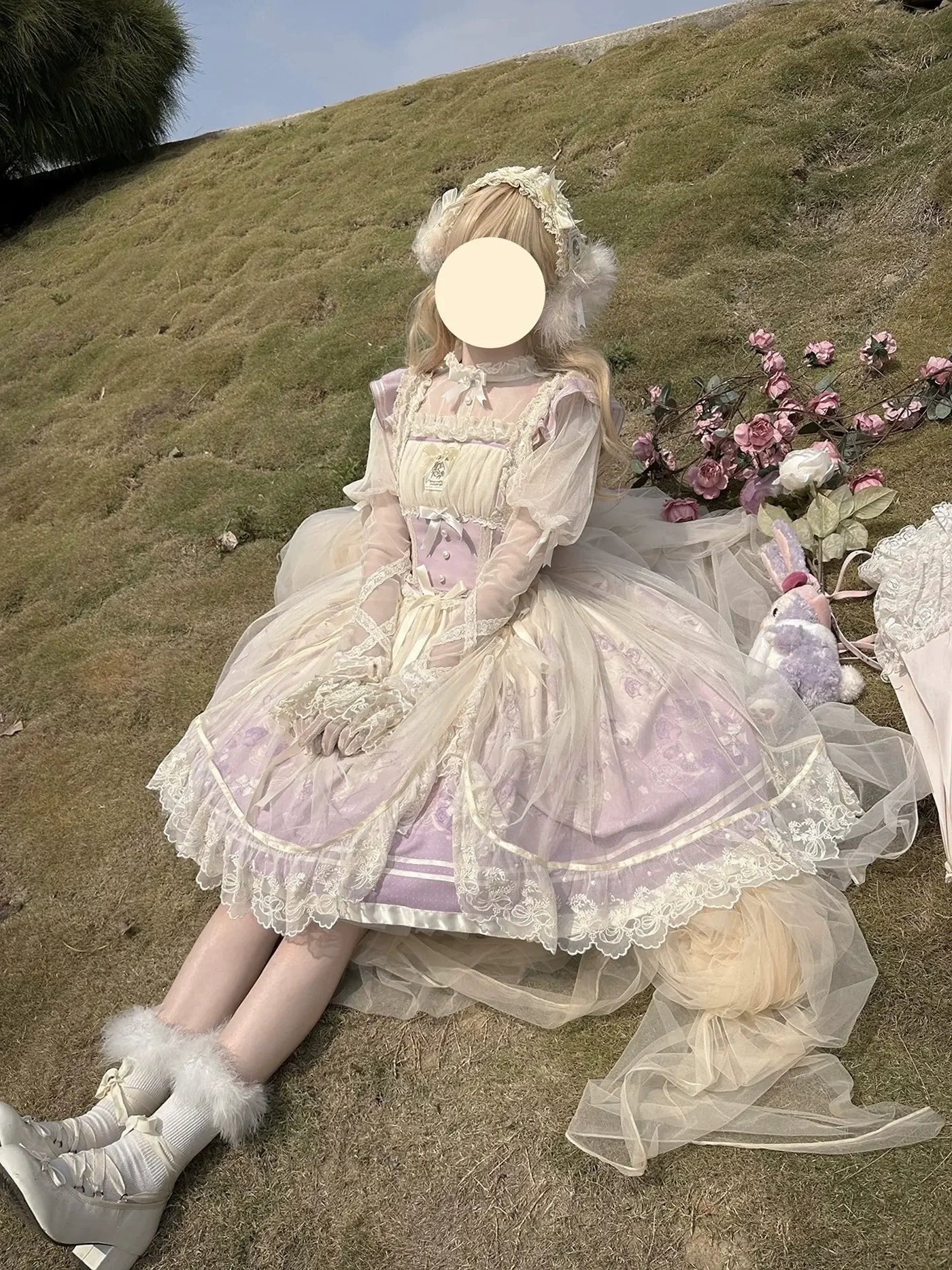 Dream Doll Lolita~Sweet Lolita JSK Dress Gradient Ballet Dress S Purple Ballet Bunny JSK + Inner Wear + Headband 