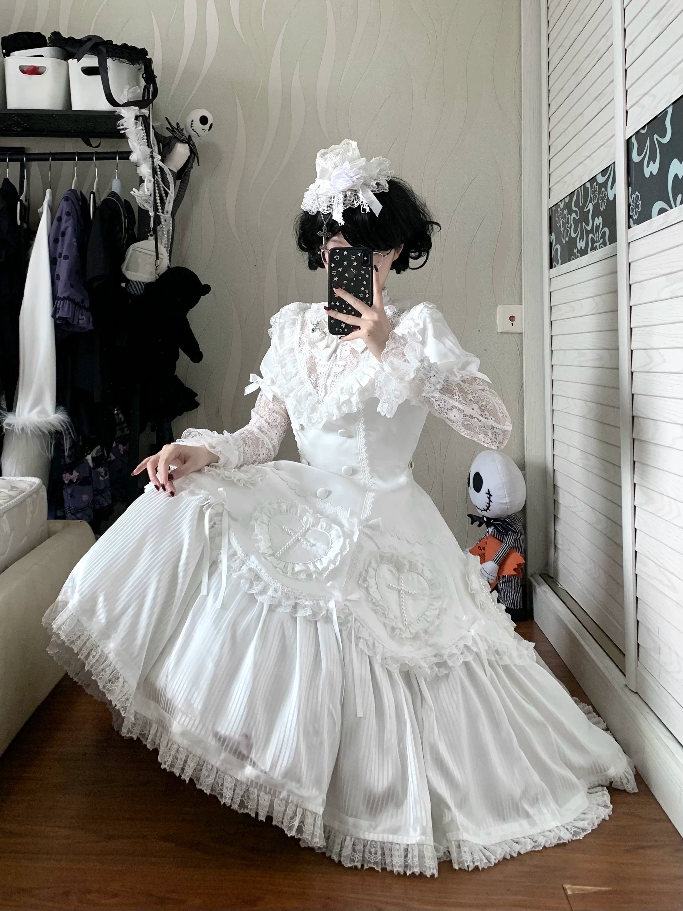 Nocthymn Cross - Gothic Lolita OP Dress with Pearled Cross, Detachable Sleeves 45813:863316