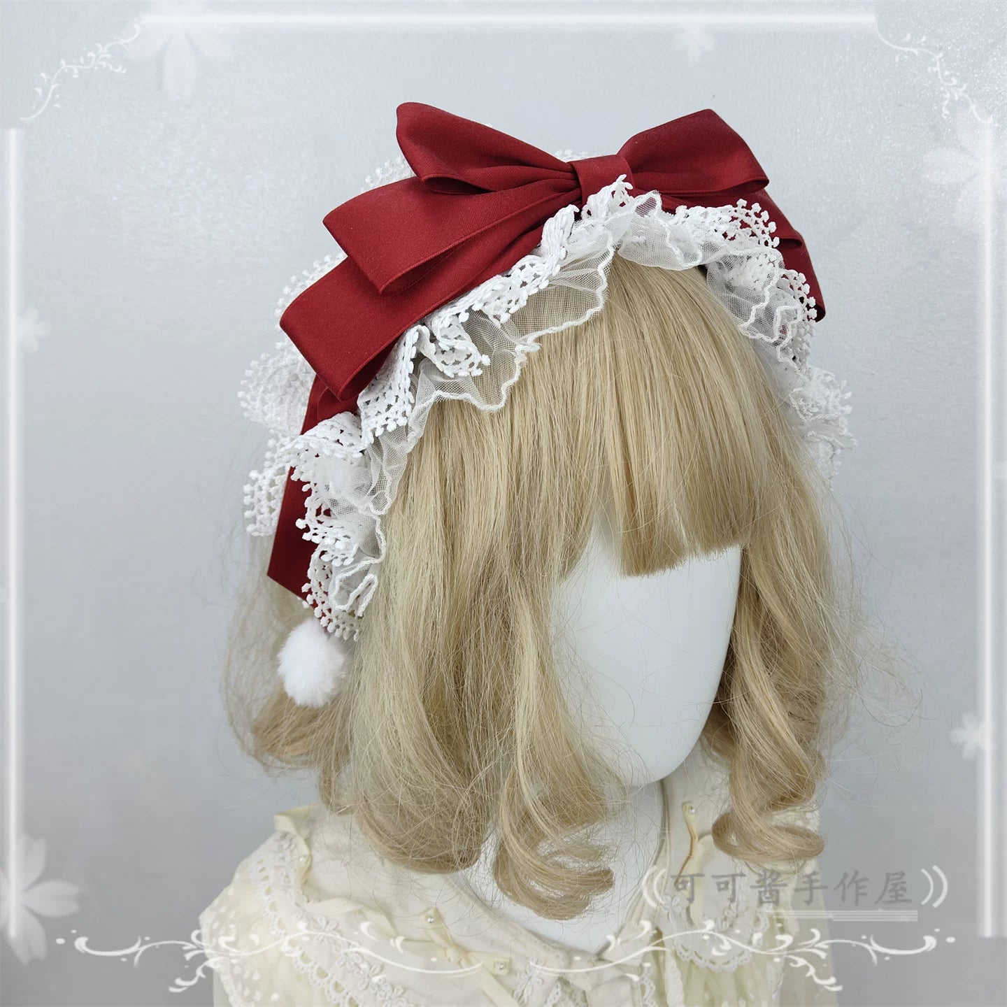 Sweet Lolita Lace Bowknot KC, Pom-pom Accent KC Pure Burgundy