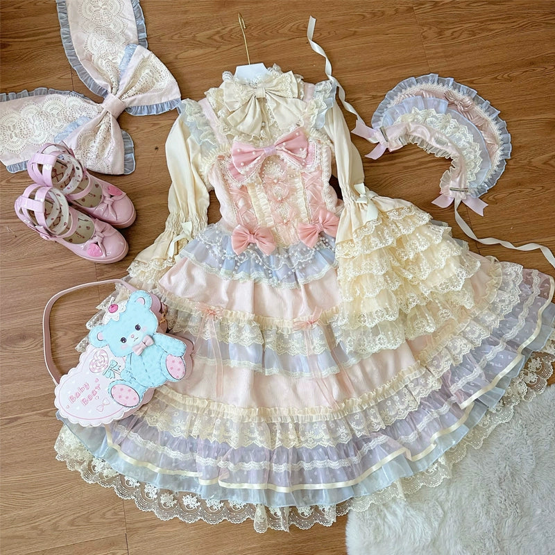 Hanguliang - Star Love Song - Wedding Sweet Lolita JSK Suit Doll-like Dress Pink bow trailing (only one) S