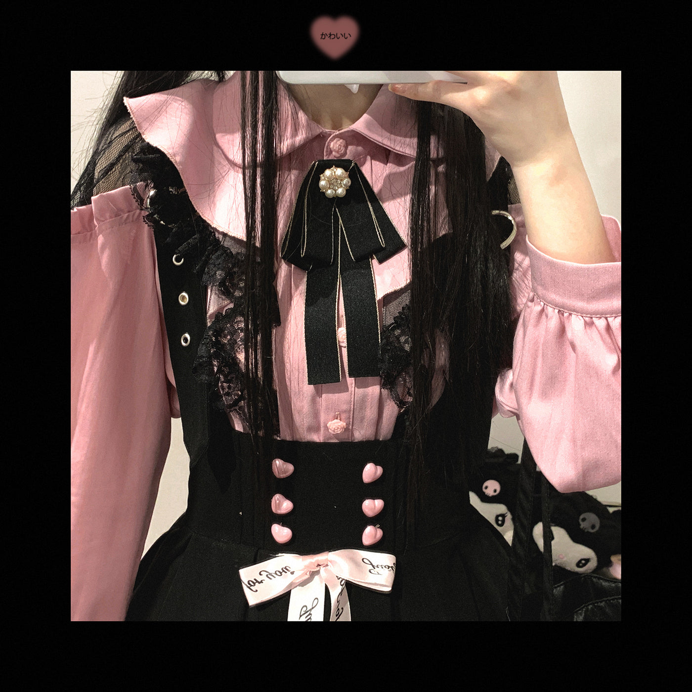 (BFM)KittyBxllet~Kuroneko~Jirai Kei Shoudler Open Ruffle Lace Long Sleeve Blouse free size pink 