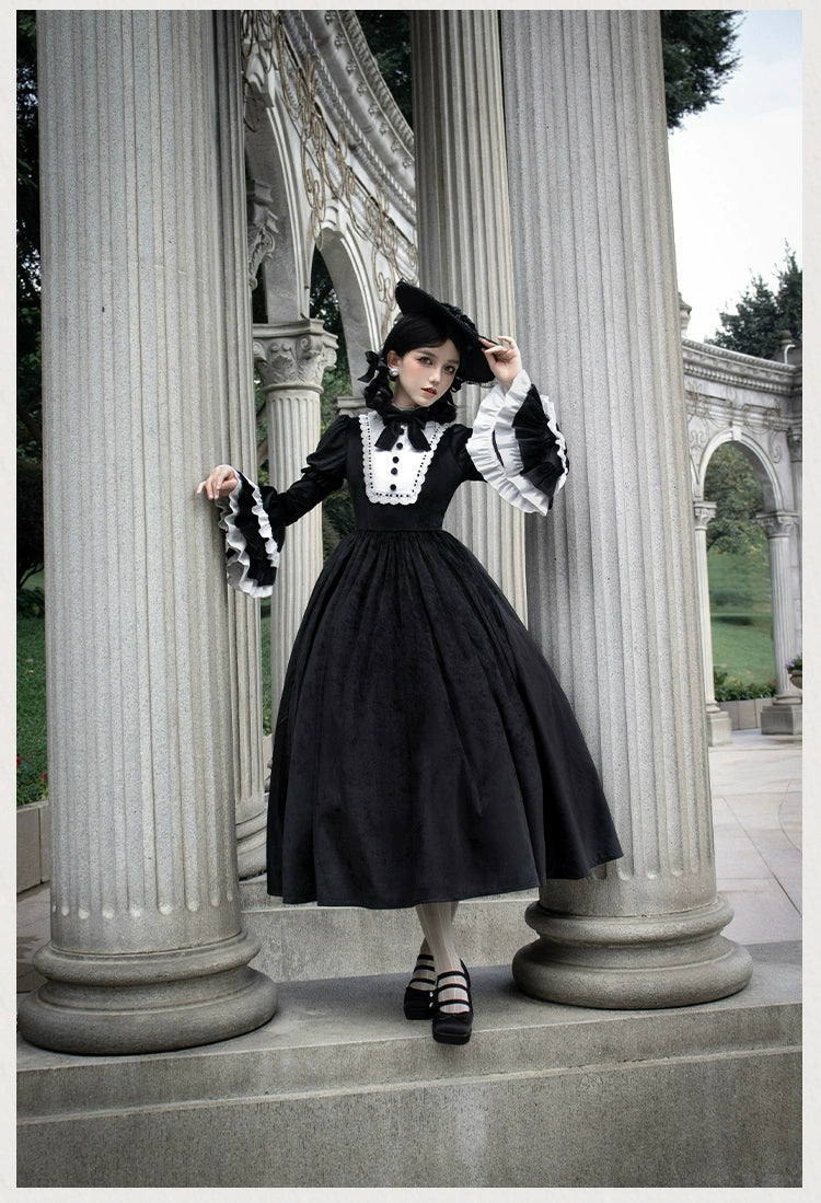 With PUJI~Sleepless Night~Classic Lolita Black OP Dress White Princess Sleeves   