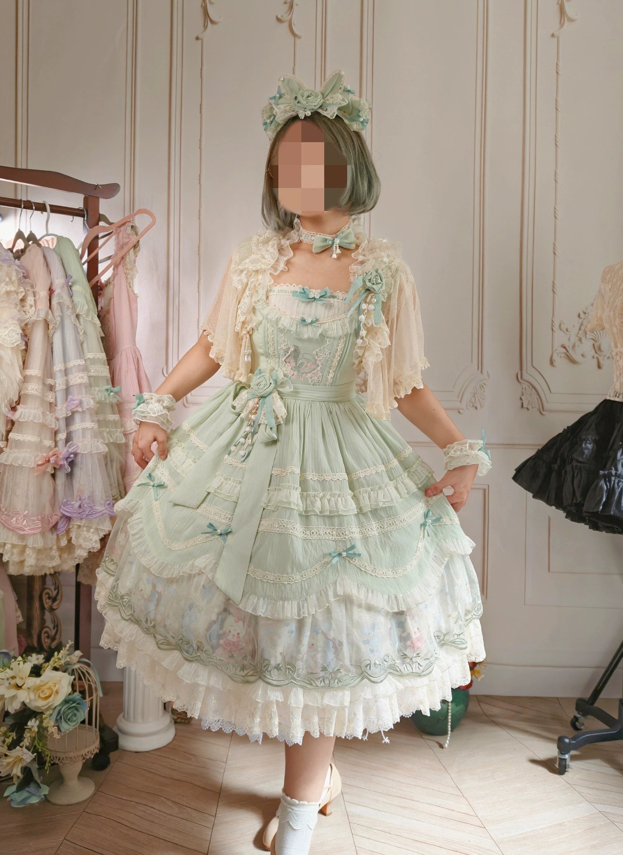 Lily of the Valley Lamb - Classic Lolita Tiered Hem JSK Dress with Embroidery 45277:852053