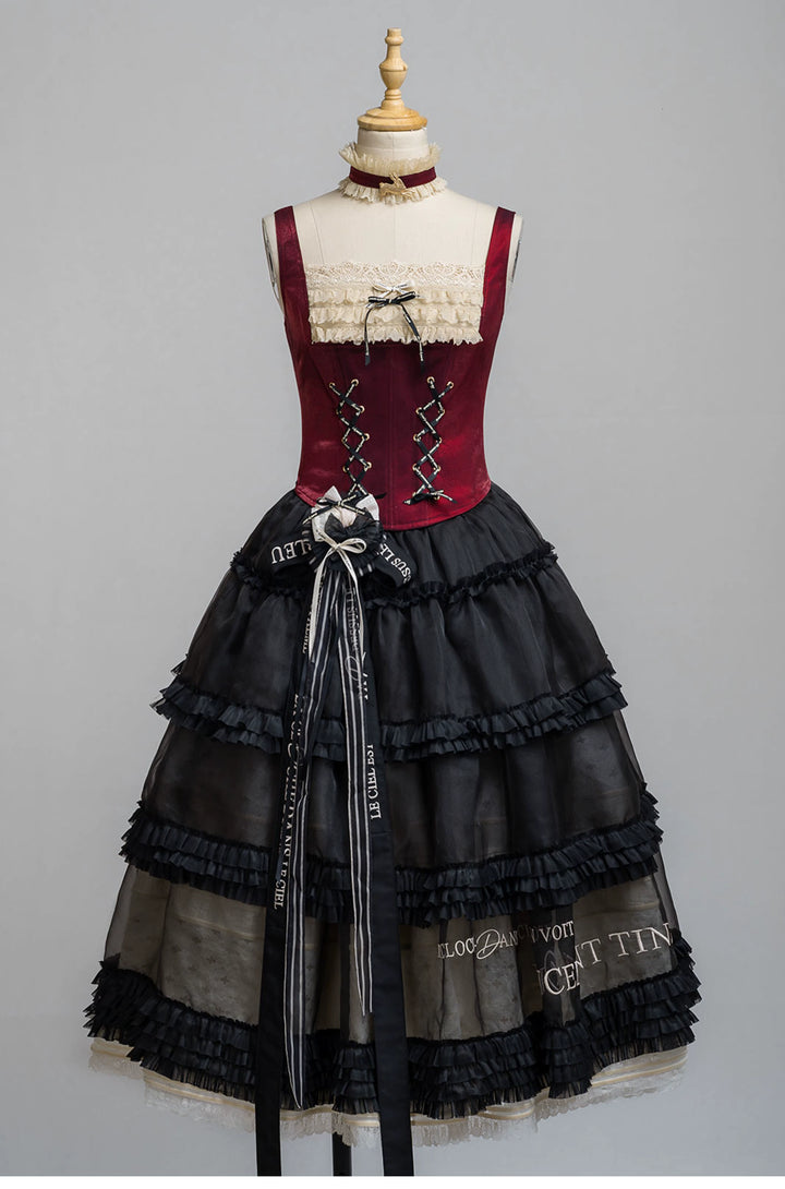 JS Lolita~Paris Holiday~Elegant Lolita Skirt Set French Lolita Corset Set Embroidered Glass Yarn Cake Overskirt - Black S 