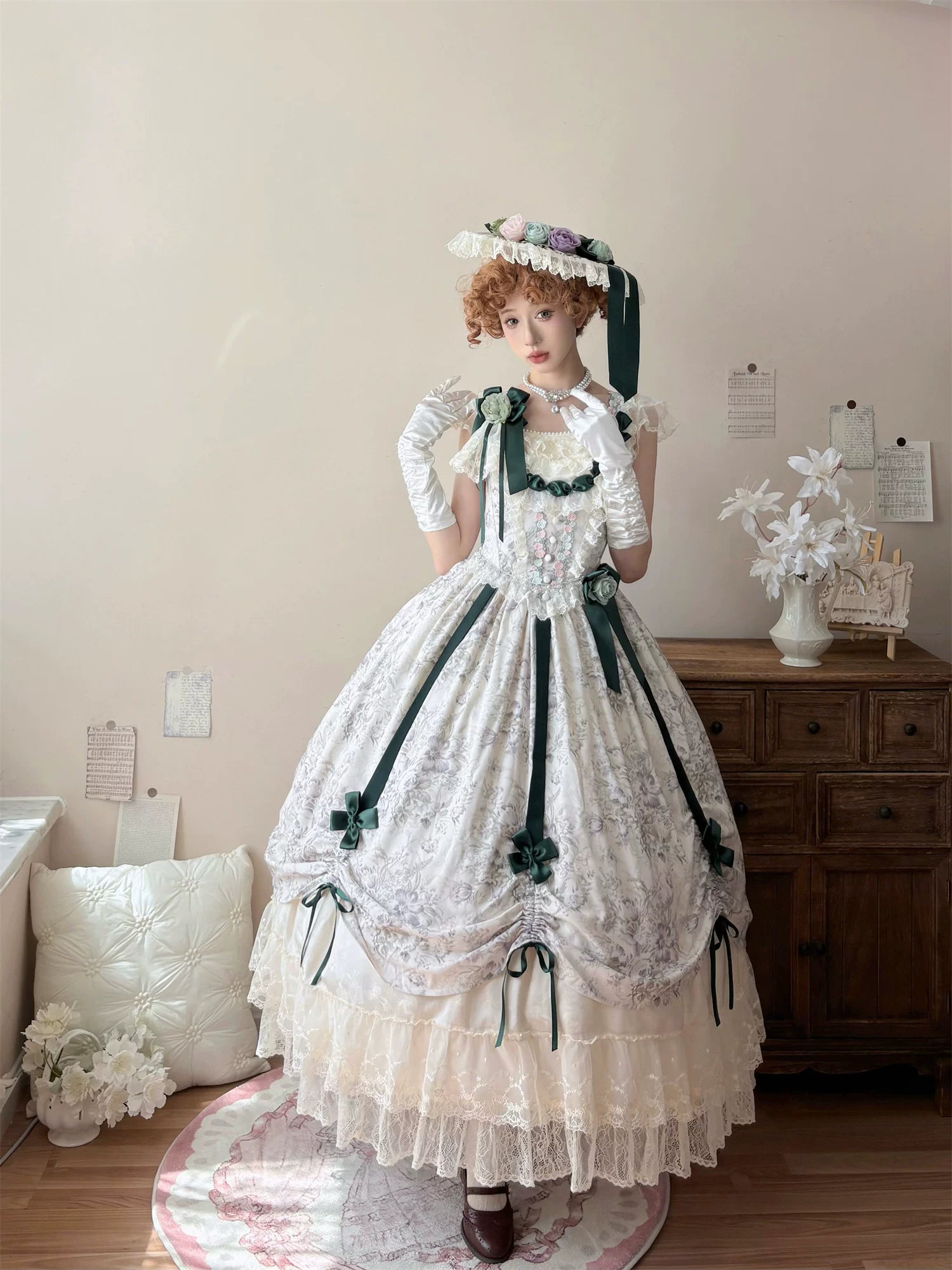 Dolota Flower Wall - Classic Lolita Floral OP Dress, Open Shoulder 44485:811107