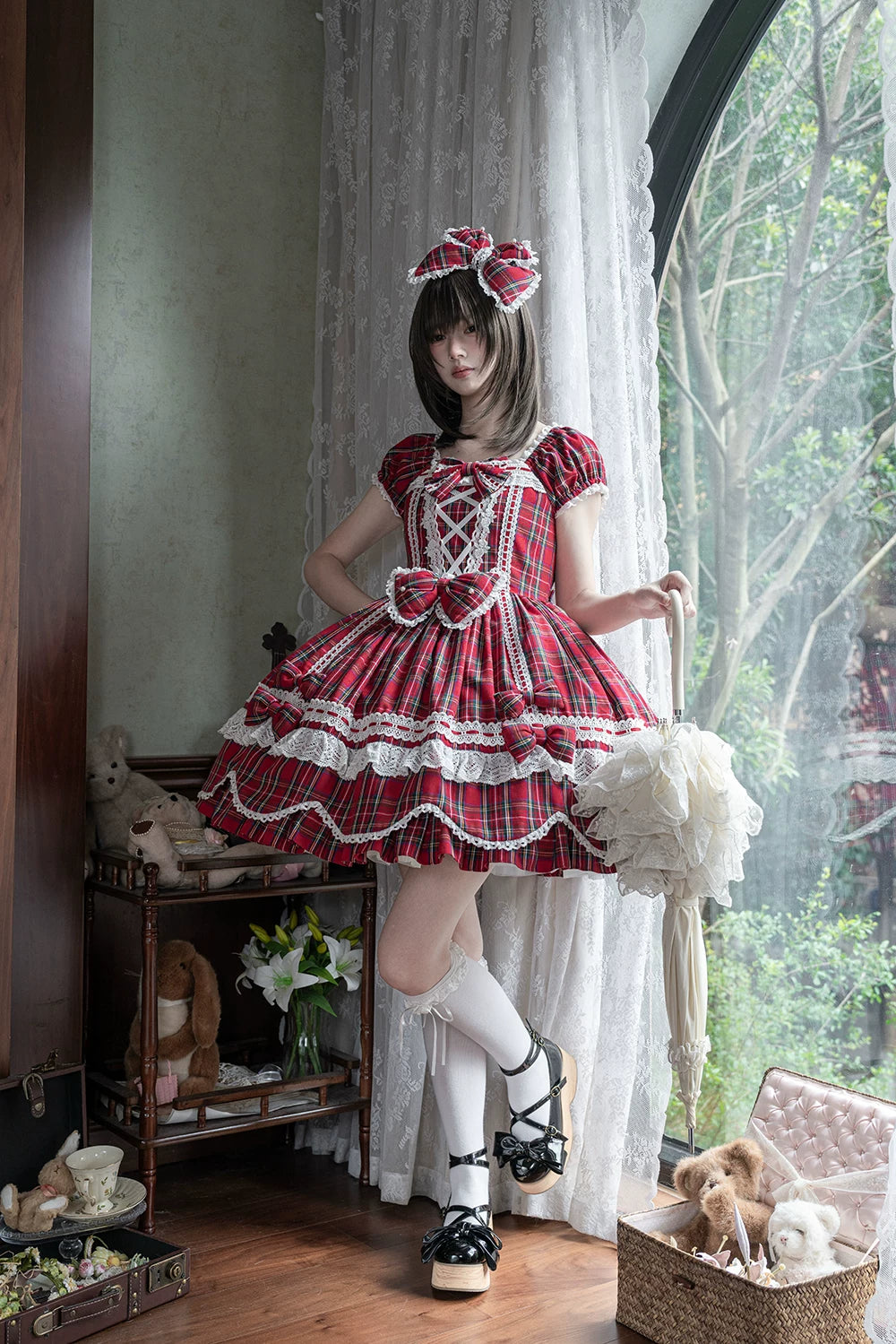 Plaid Petal Bunny - Old School Lolita Plaid OP Dress, Petal-shaped Hem 44673:818307