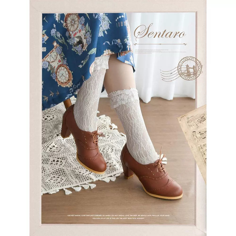 Sentaro - Retro Lolita Heel Shoes Handmade Perforated Strap Leather Shoes 35 mocha brown mid heel