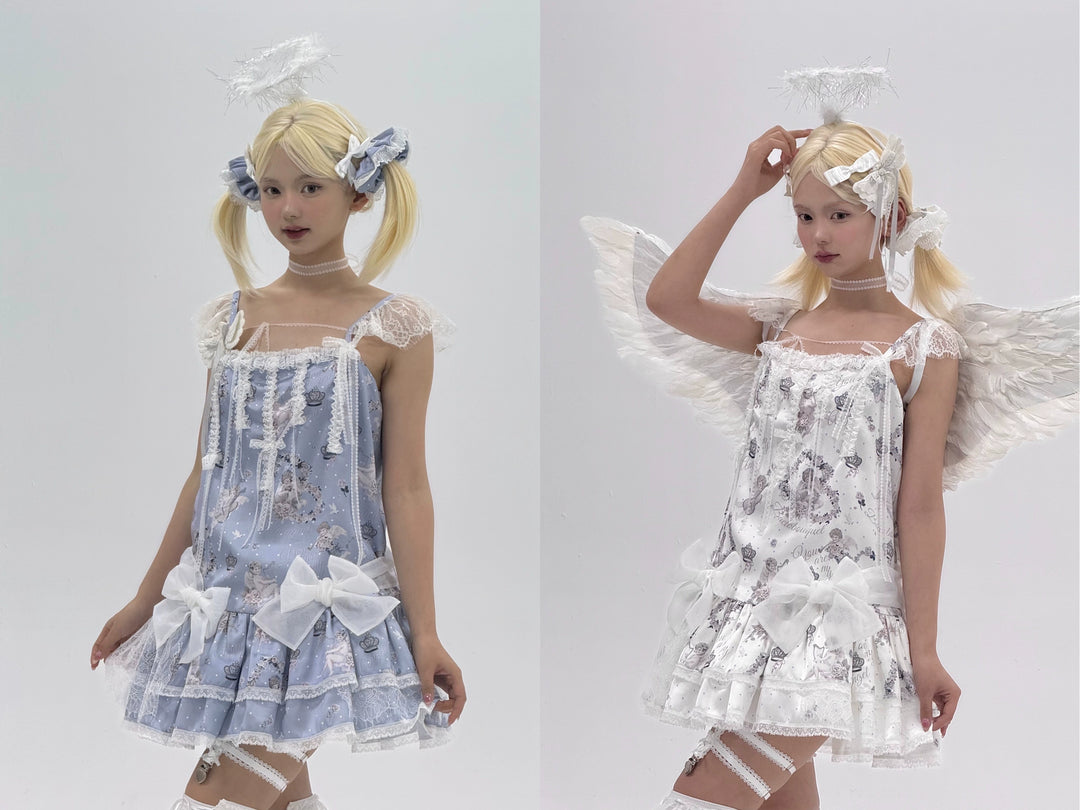 Bacio Bouquet~Hyaline Angel~Daily Lolita Low Waist Dress with Angle Print&Lace Detail