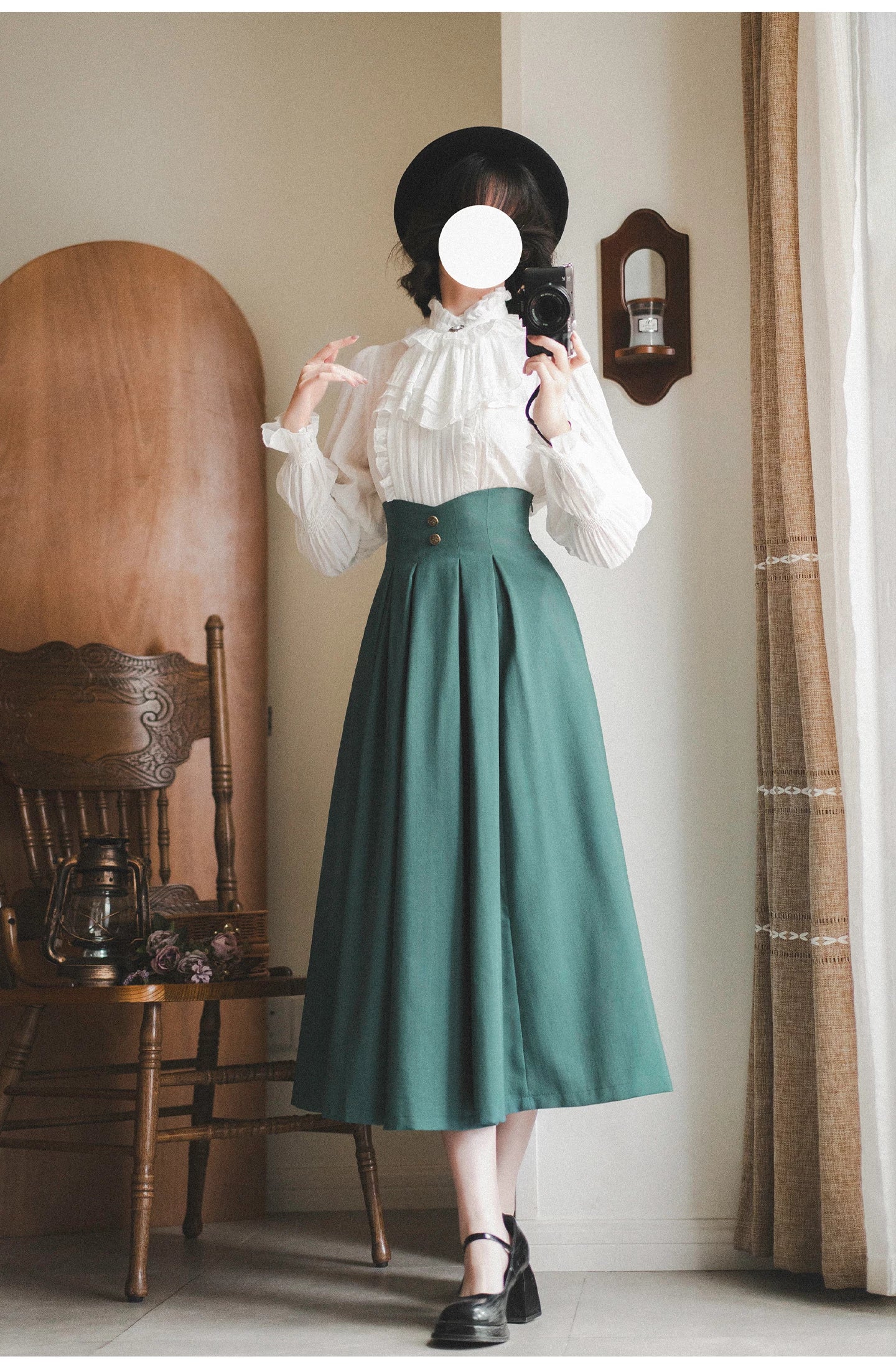 Misty Forest - White Classic Lolita Long Sleeve Blouse, Detachable Jabot