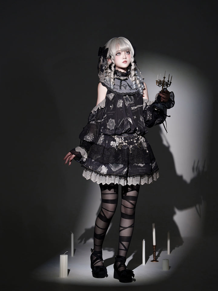 Sing a lullaby for you~Believer~IP Collab Gothic Lolita OP Dress Set Printed Hooded cape S - FS (OP + long cloak + bloomer + waist chain + top hat + a pair of cat side clips )  