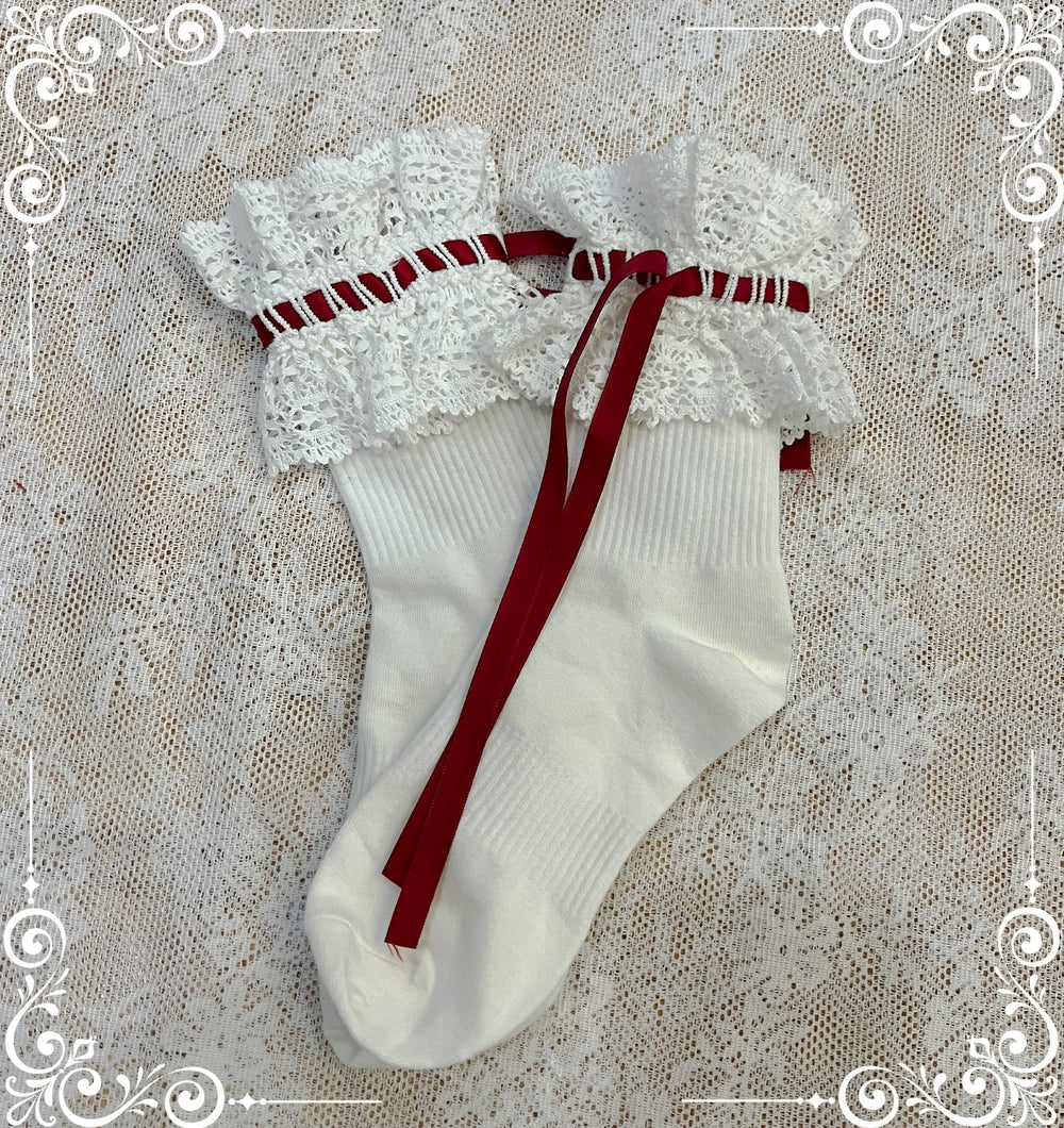 (BFM)Little Bear~Laura's Doll~Sweet Lolita Socks Cotton Short Socks Mid-calf Socks Red ribbed short socks  