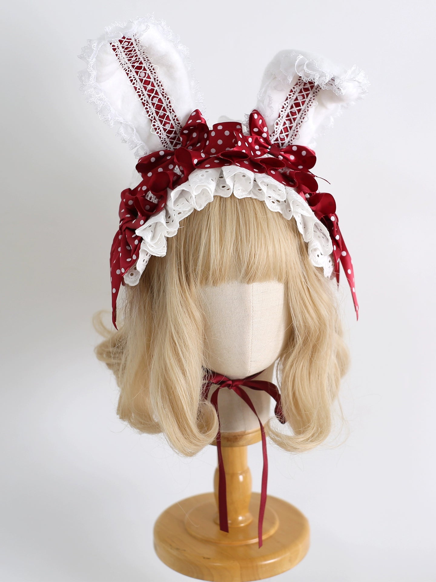 Xiaogui - Sweet Lolita Polka Dot Lace Hairband, Shapeable Bunny Ears 44127:797421