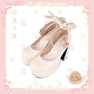 Pure Tea For Dream~Untouchable Butterfly~Elegant Lolita Heels Lolita Shoes PU Shining Platform 34 Patent White (High-Heel) 