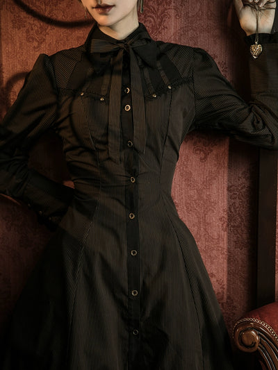 Mr. Yi's Steam Continent~Gothic Lolita Dress Long Sleeve Black Coffee Striped Dress   