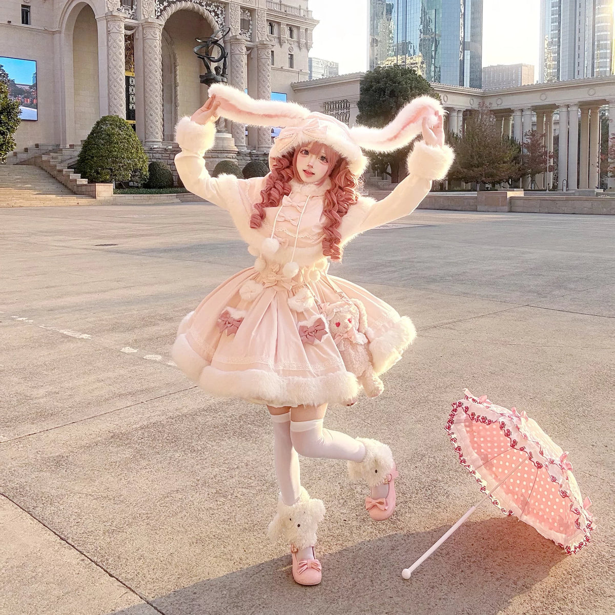 Sweet Dream Bunny - Sweet Lolita Cape & JSK Dress Set, Faux Fur Bunny Ear