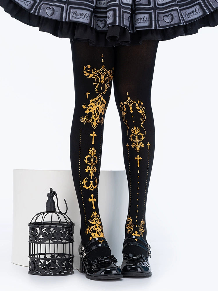 Wulala Mew - Elegant Lolita Pantyhose Daily Gold Foil Printing Tights One Size Black pantyhose + gold foil print