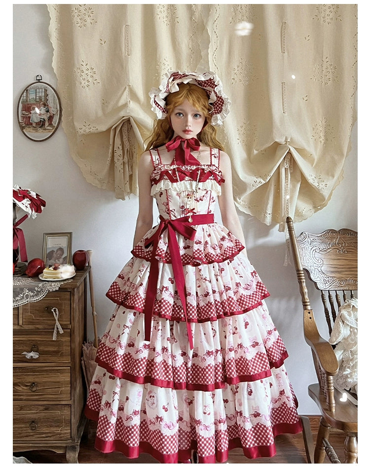 Honey Machine~Ripe Cherry~Country Lolita JSK Dress With Tiered Skirt and Cherry Print Long JSK With a Waist Tie S