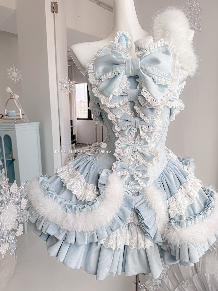 POSHEPOSE~Chuling Swan Lake~Sweet Lolita JSK Set Velvet Blue Dress for Prom