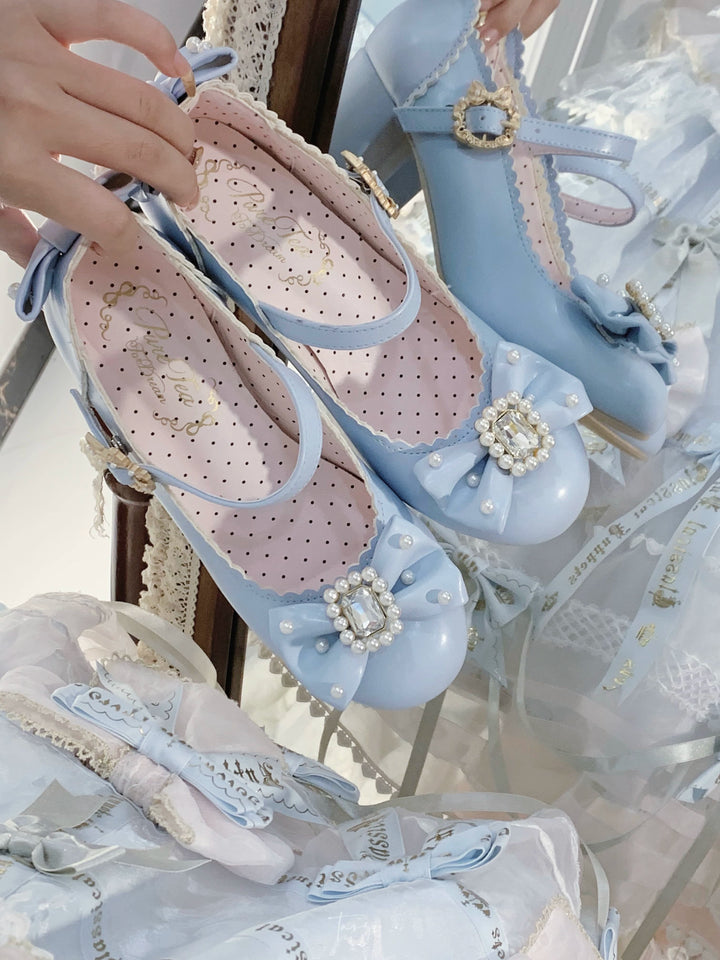 Pure Tea For Dream~Vintage Gemstone~Sweet Lolita Shoes Round Toe Heels with Bow