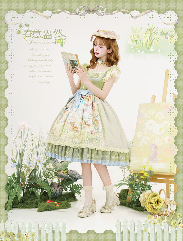 Strawberry Fantasia~Spring Bloom~Country Lolita JSK Set with Animal Prints and Overlay