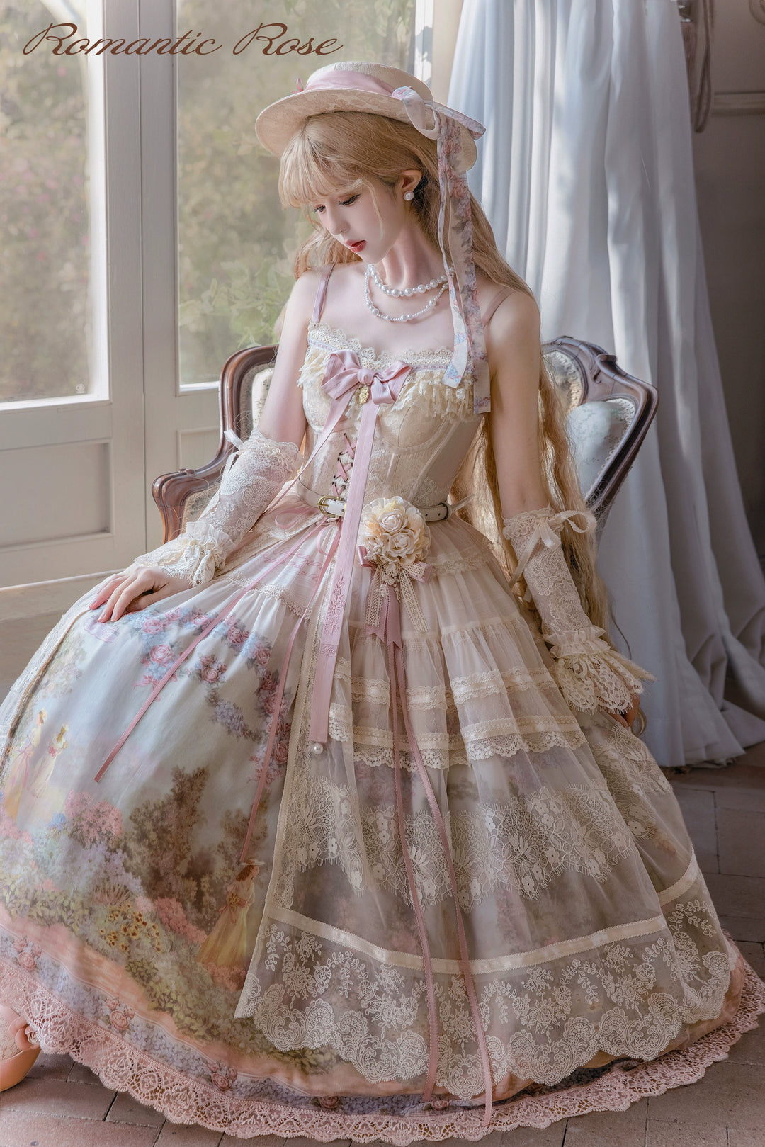 ZUOlanrichen~Romantic Rose~Classic Lolita Shirt with Puffy Sleeves Sheer Skirt Overlay