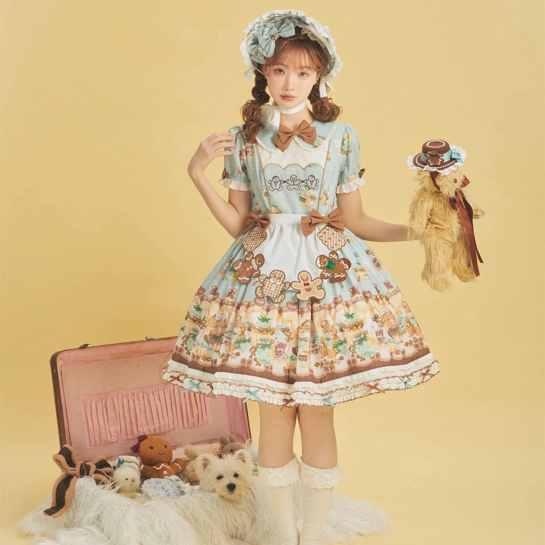 Babyblue~Little Bear Honey Jar~Kawaii Lolita Short Sleeve OP Gingerbread Man Embroidered Dress   