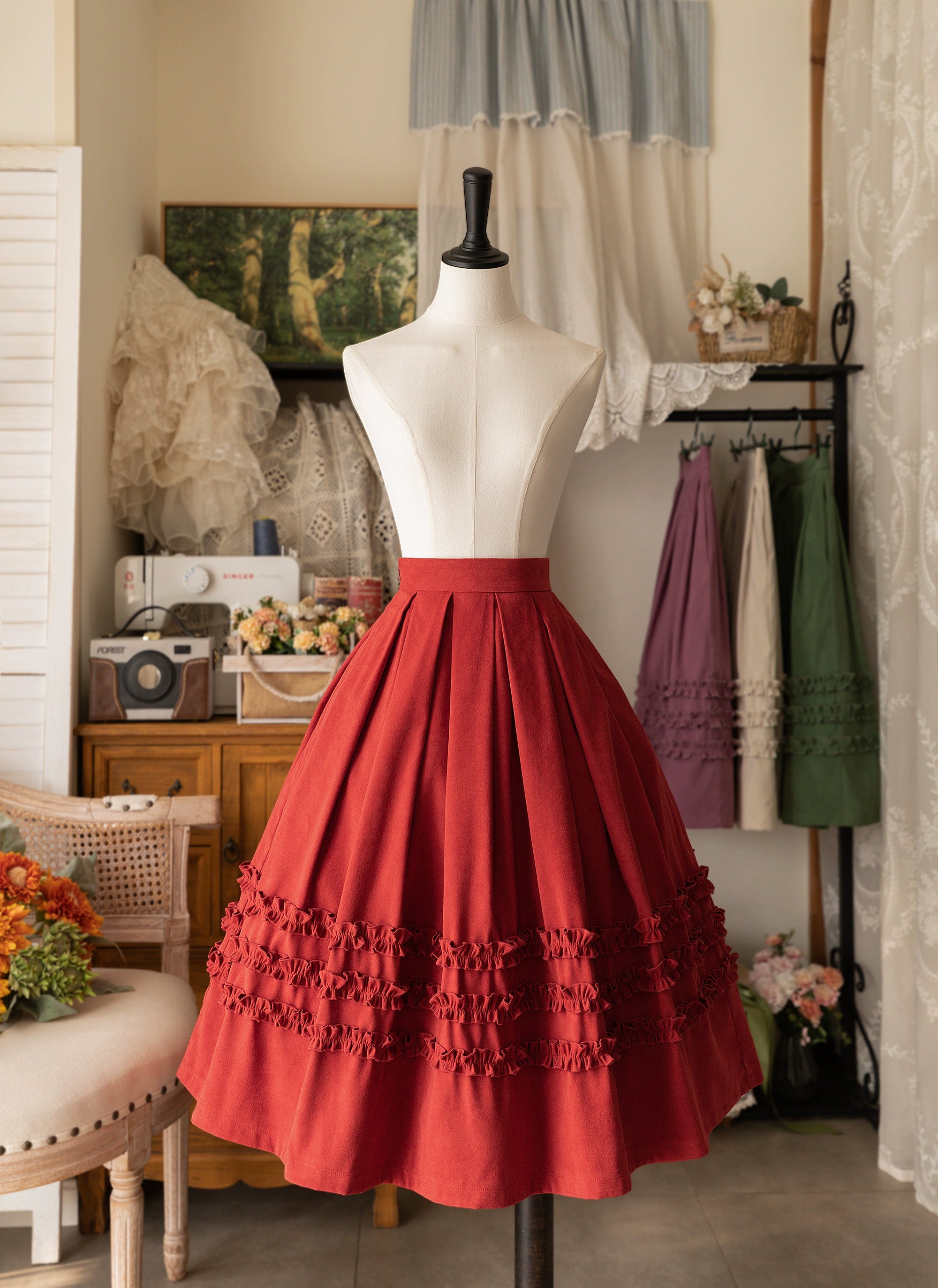 Forest Wardrobe - Forest Basket - Elegant Lolita Skirt Mushroom Edge Skirt Retro Classic S Red