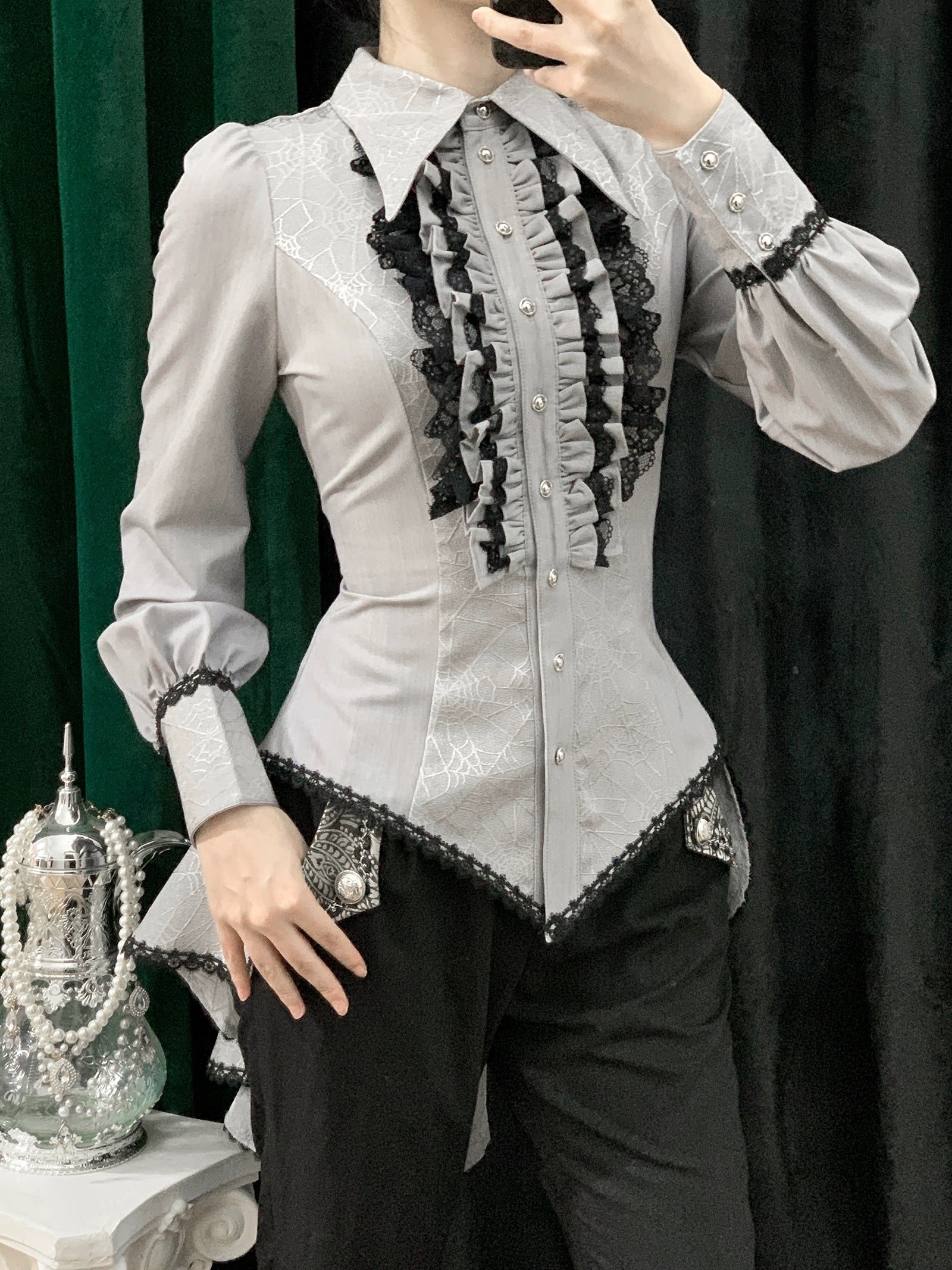 Little Dipper - Cold Rice - Ouji Lolita Shirt With Spiderweb Pattern in Several Versions Long Sleeves - Light Gray - Long Version M