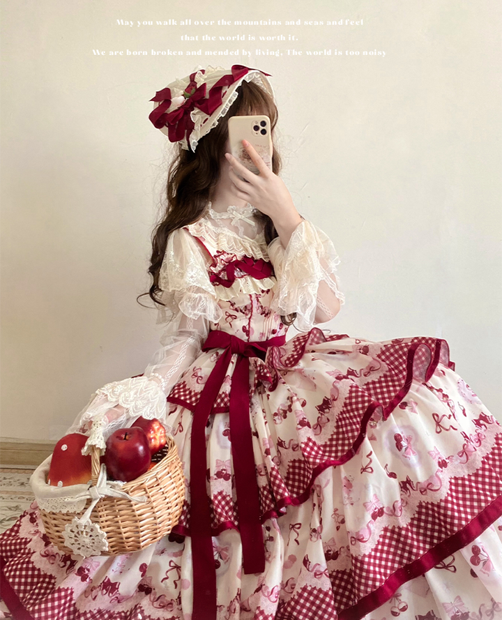 Honey Machine~Ripe Cherry~Country Lolita JSK Dress With Tiered Skirt and Cherry Print