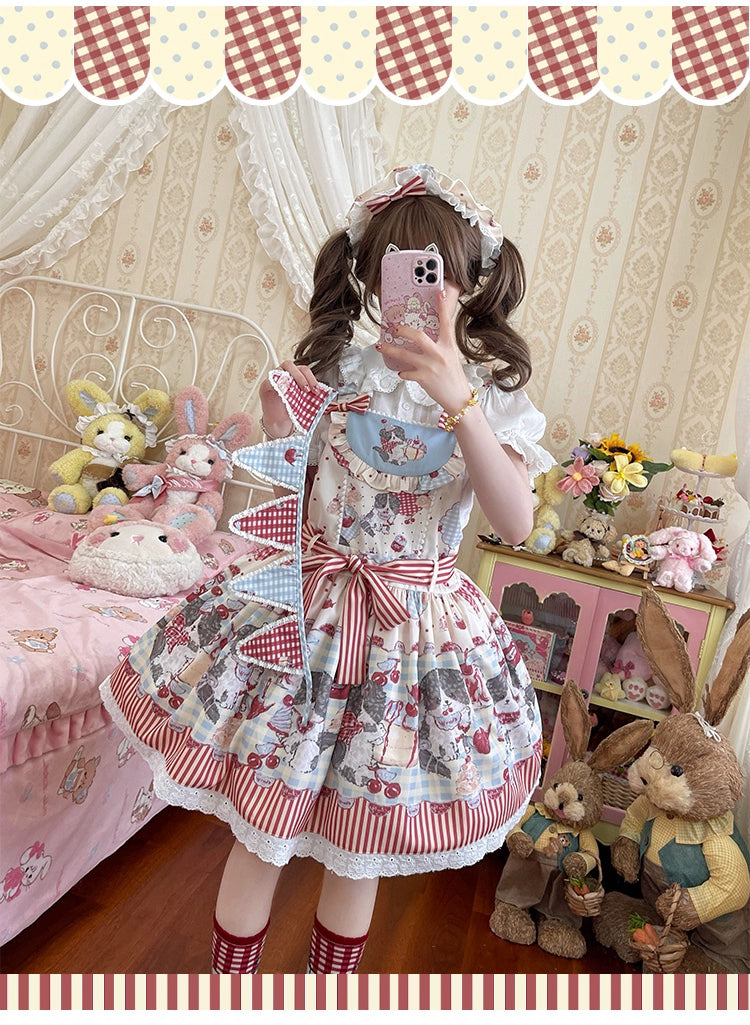 Akiyama Future Studio~Border Collie Cherry~Kawaii Lolita Salopette Cherry Print Dress   