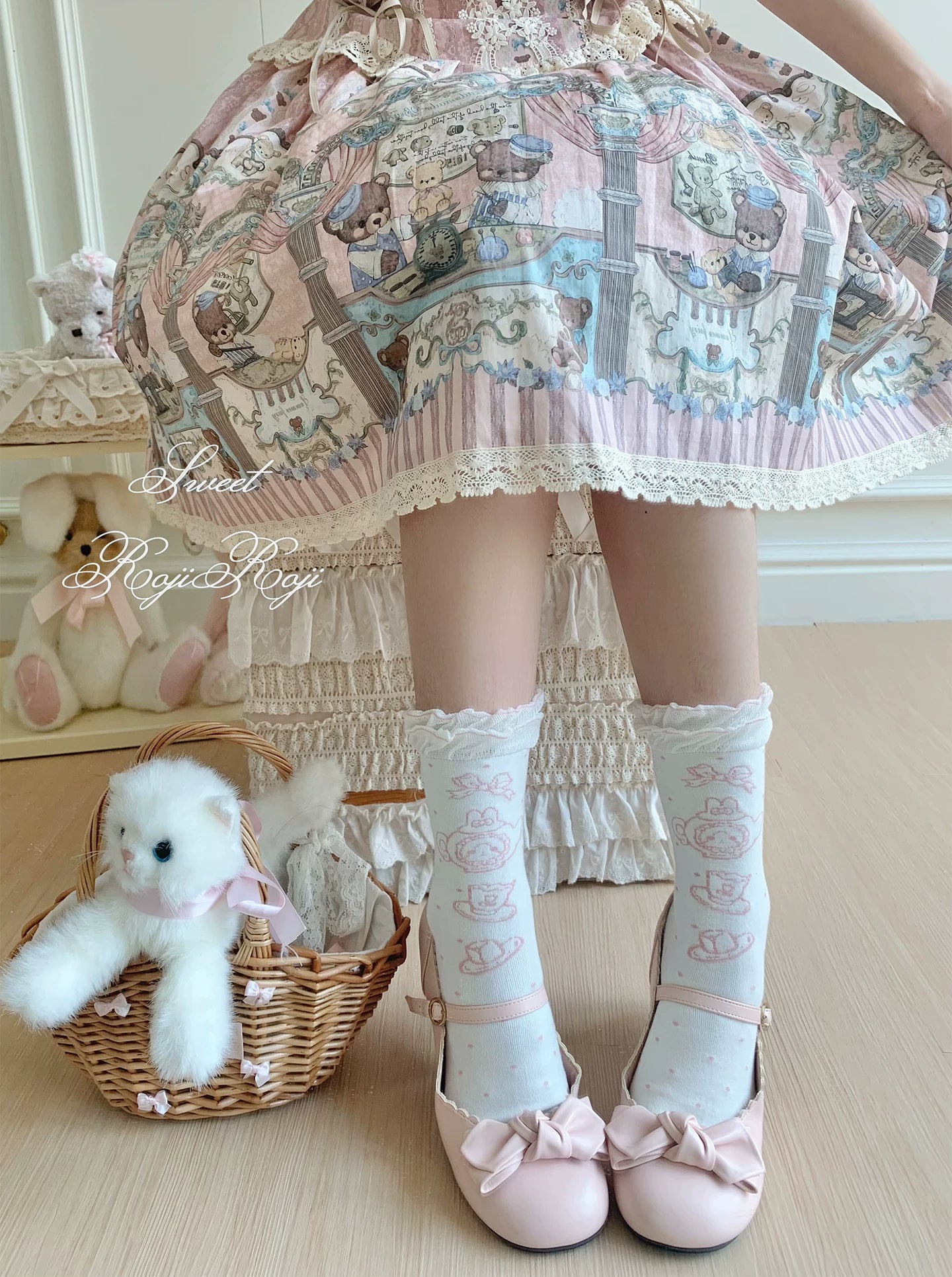 Cotton Sweet Lolita Socks, Tea Party Prints (Pink) 45788:862449