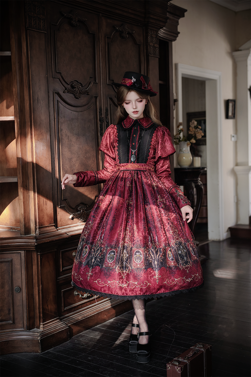 Blood Night Lantern - Jacquard Gothic Lolita Dress, Juliet Sleeve 44543:812283
