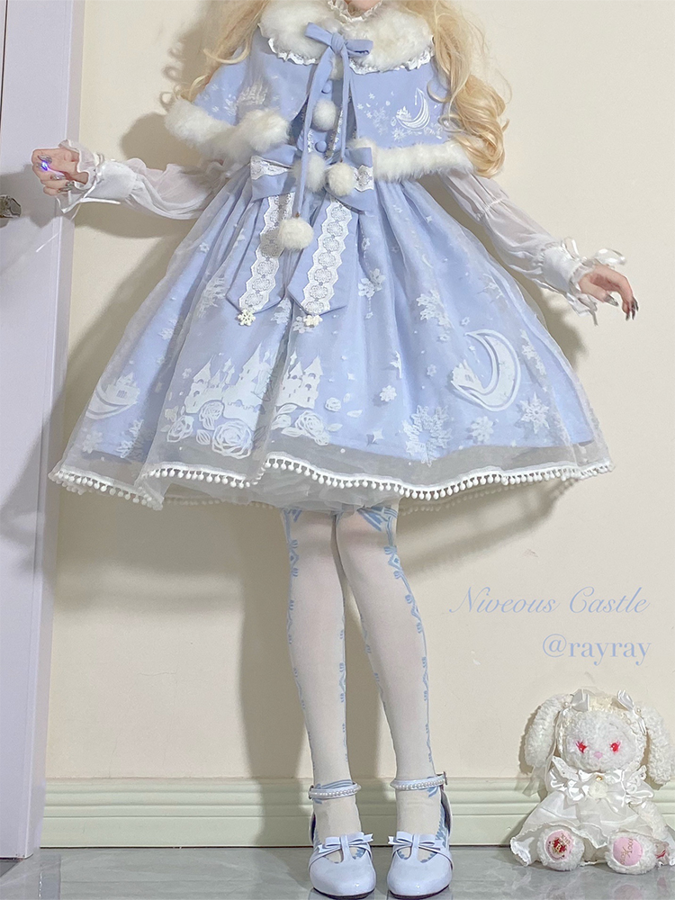 To Alice~Snow Moon Castle~Sweet Lolita Jumper Dress Set Christmas Plush Cape   