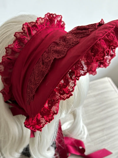 MAID~Gothic Lolita Lace Bonnet Wide Brim Bow BNT Headwear   