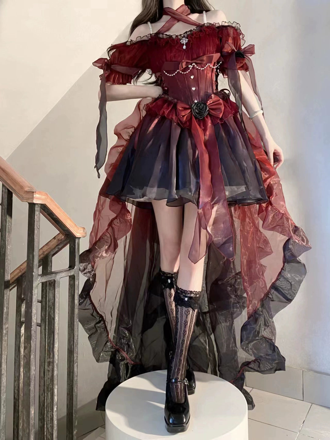 (Buy for me)Meowing and fruity~Elegant Lolita Gradient Dark Blue Dress Set black-red short version (dress only) S (pre-order ship in 120 days) 
