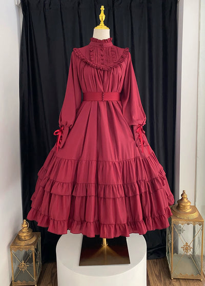Little Dipper~Windsor Princess~Elegant Lolita Dress Stand Collar OP Dress Multicolors S plum red wide waistband short dress 