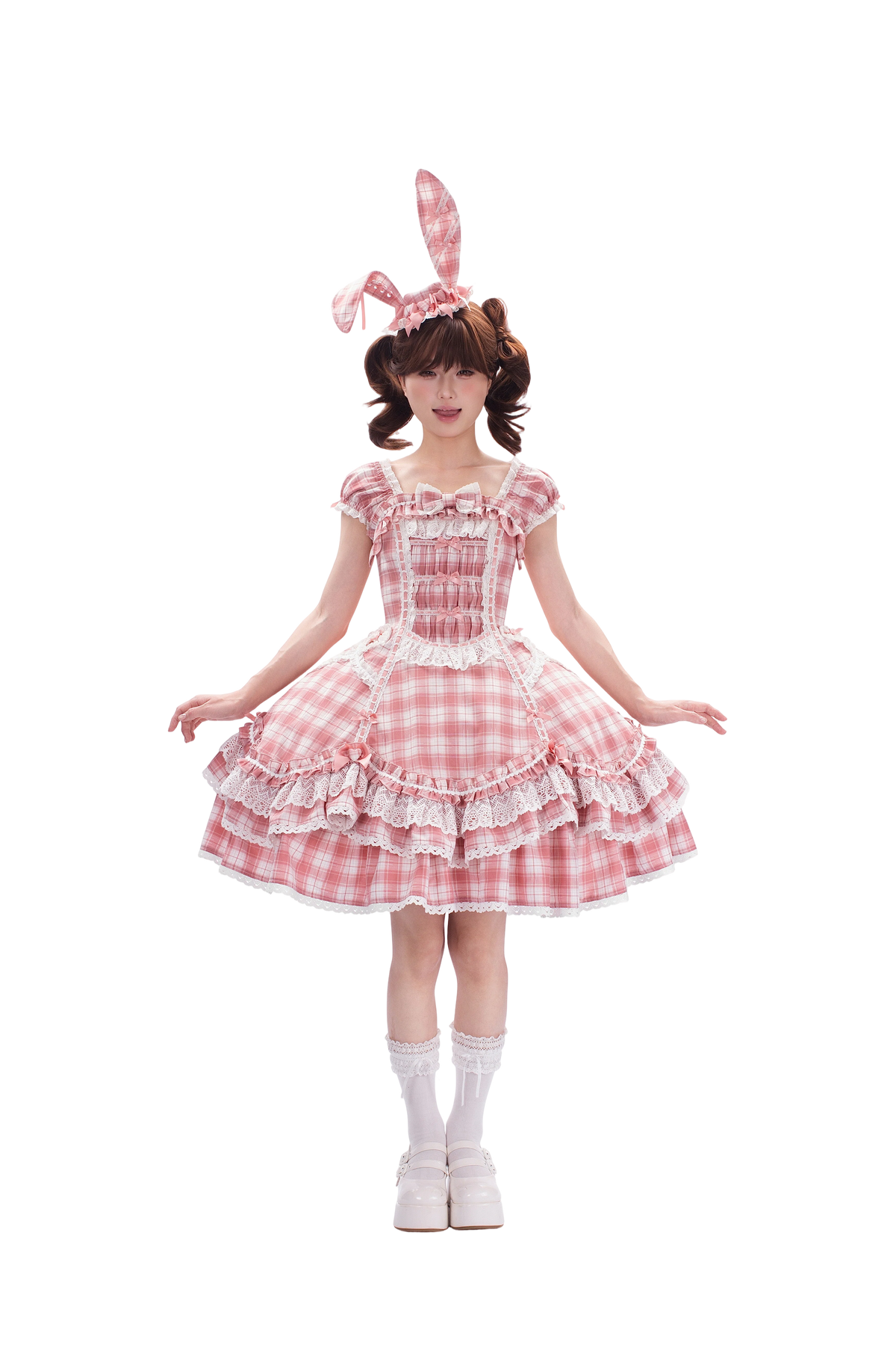 Plaid Lace Bunny - Old School Lolita Plaid OP Dress, Lace Trim (L M S XL XS / Pre-order) 45992:871270