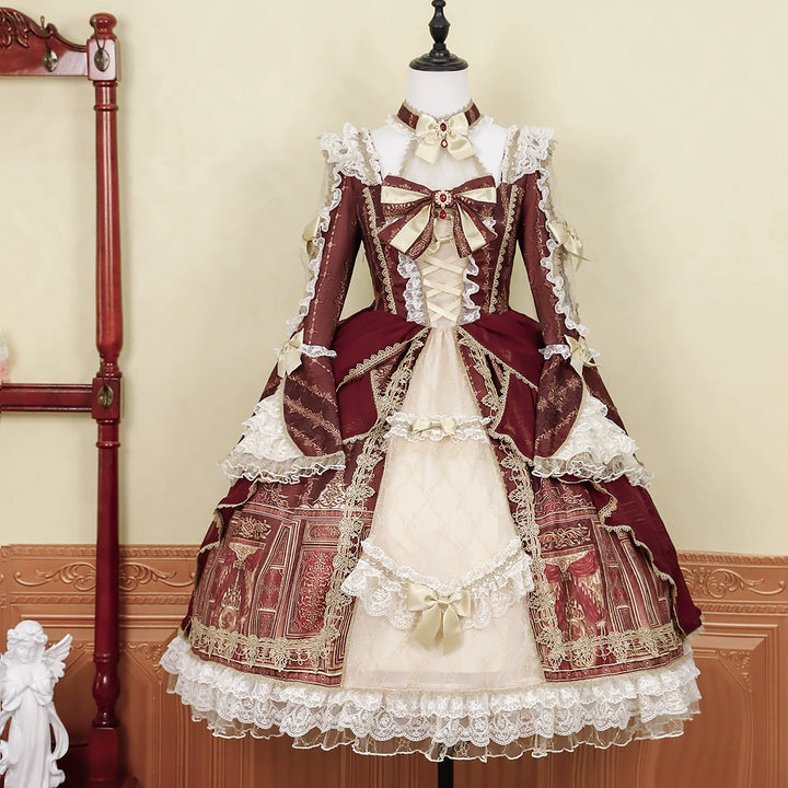 Cornfield Lolita~Baroque Palace~Classcial Lolita Long Sleeve OP Front Open Princess Sleeve Printed Dress S dress 