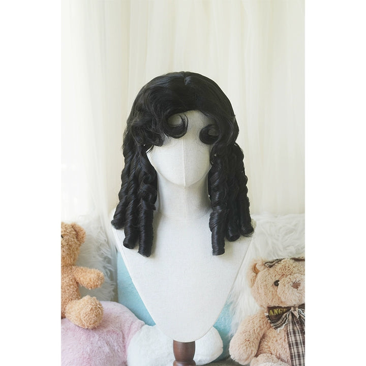 Imperial Tea~Retro Lolita Wig Short Roman Curl Hairpiece Natural black curly bangs with hairnet