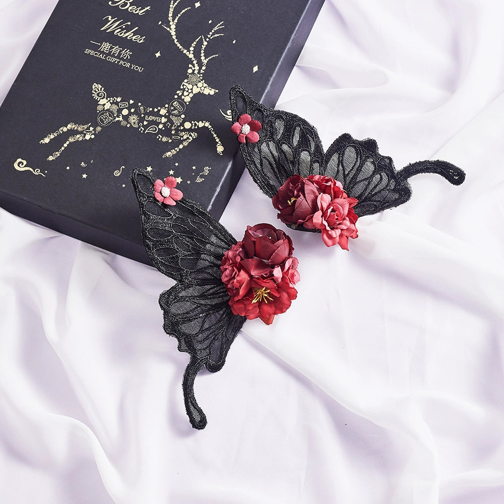 Tang Tang Craft - Gothic Lolita Black Lace Wing Hairclips a pair of gothic black devil hair clips