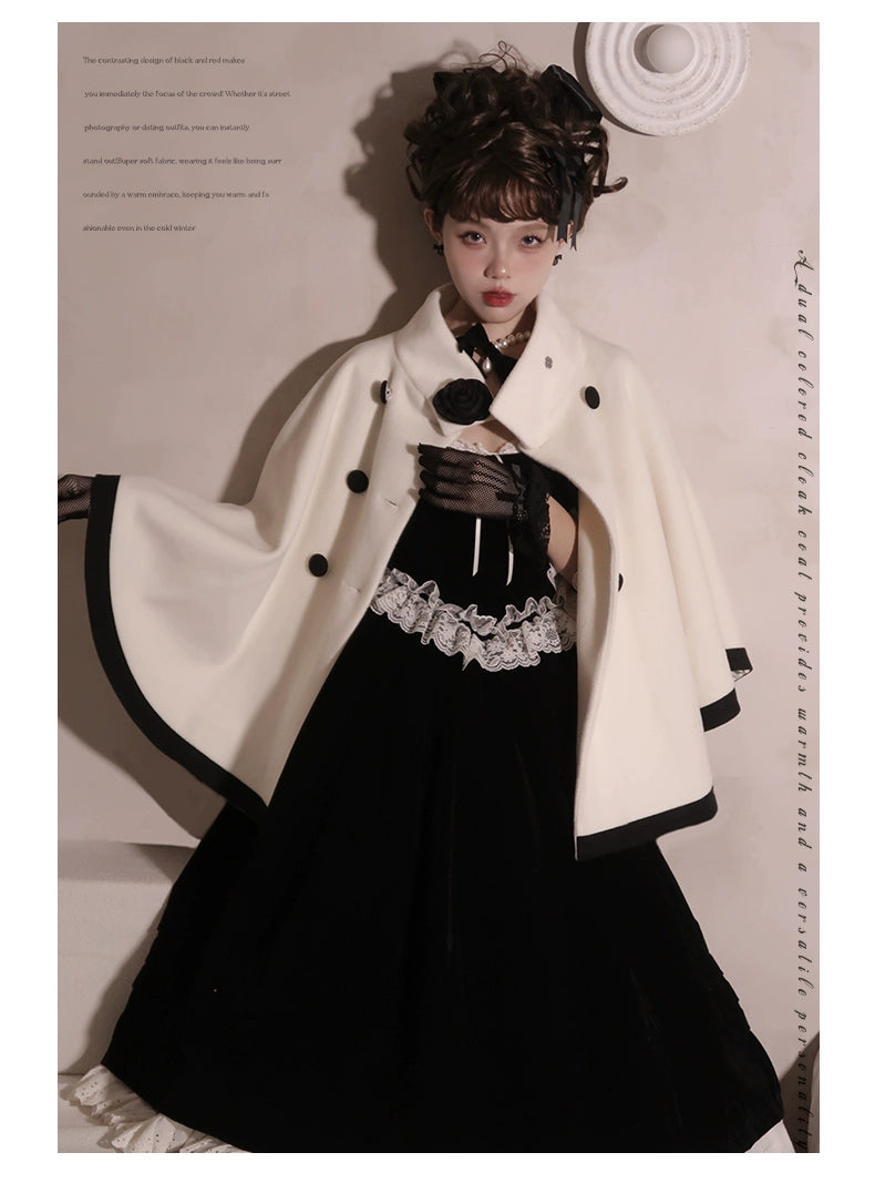 Urtto~Lolita Woolen Coat Autumn Winter Elegant Red and Cream Cloak   