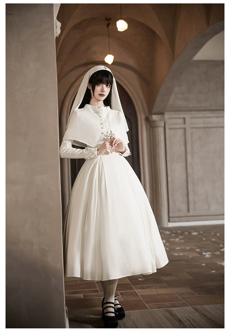 Nihil - Gothic Nun Lolita OP Dress, Irregular Hem Cape 44717:819738